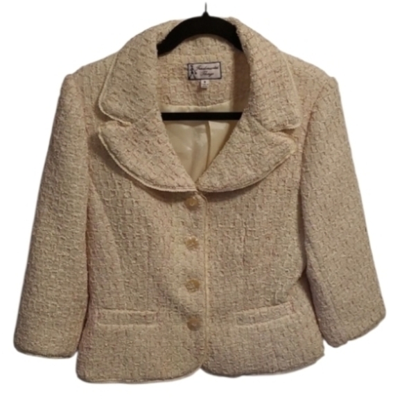CREAM PASTEL PINK COUQUETTE CHANEL ST JOHN STYLE BOUCLE WOVEN BLAZER SIZE 8 M L - Picture 1 of 17